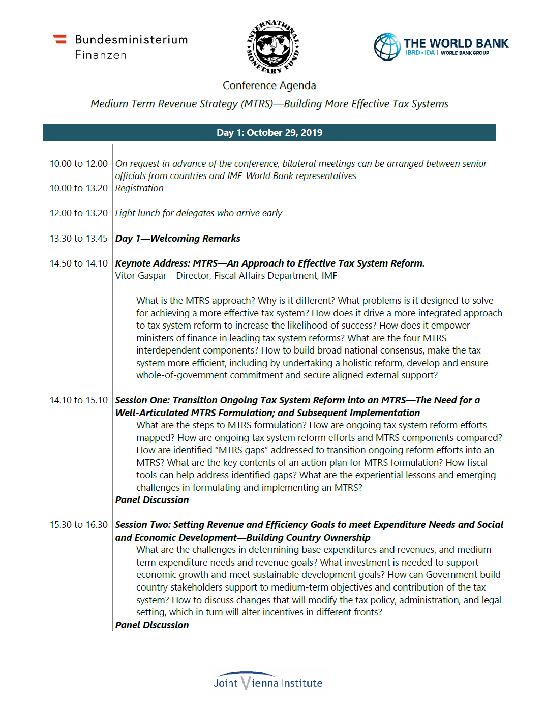 Page 1 of the Agenda of IMF Conference on Medium Term Revenue Strategy (MTRS): Building More Effective Tax Systems