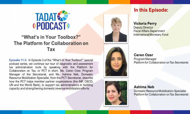 Tadat podcast series announcement flyer with photos of Victoria Perry of IMF, Ceren Ozer of PCT and Ashima Neb of PCT