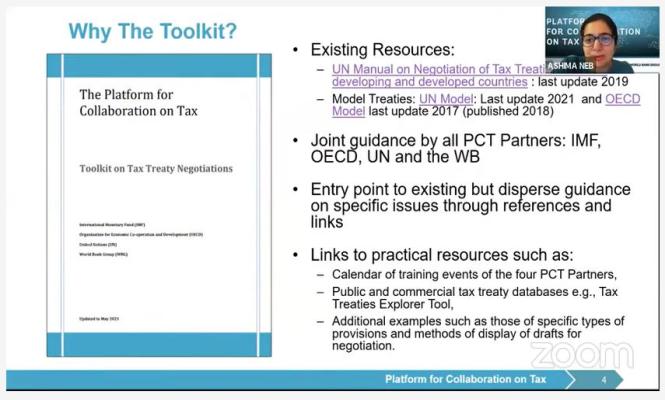 Screenshot from the Zoom webinar organized by the ICTD and Global Tax Program of World Bank. The screenshot has the slide explaning why PCT Toolkit on Tax Treaty Negotiations is needed.